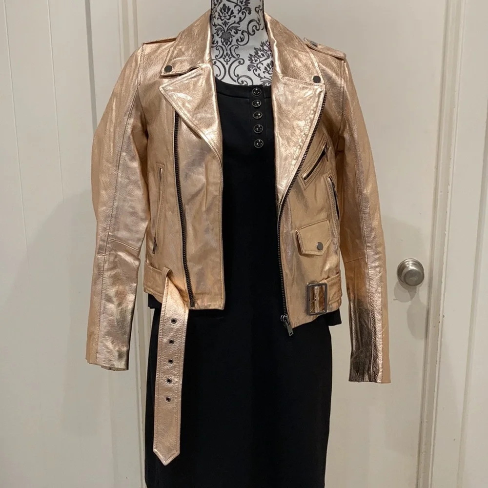 Zara Woman Metallic Rose Gold Leather Moto Jacket - Picture 7 of 16